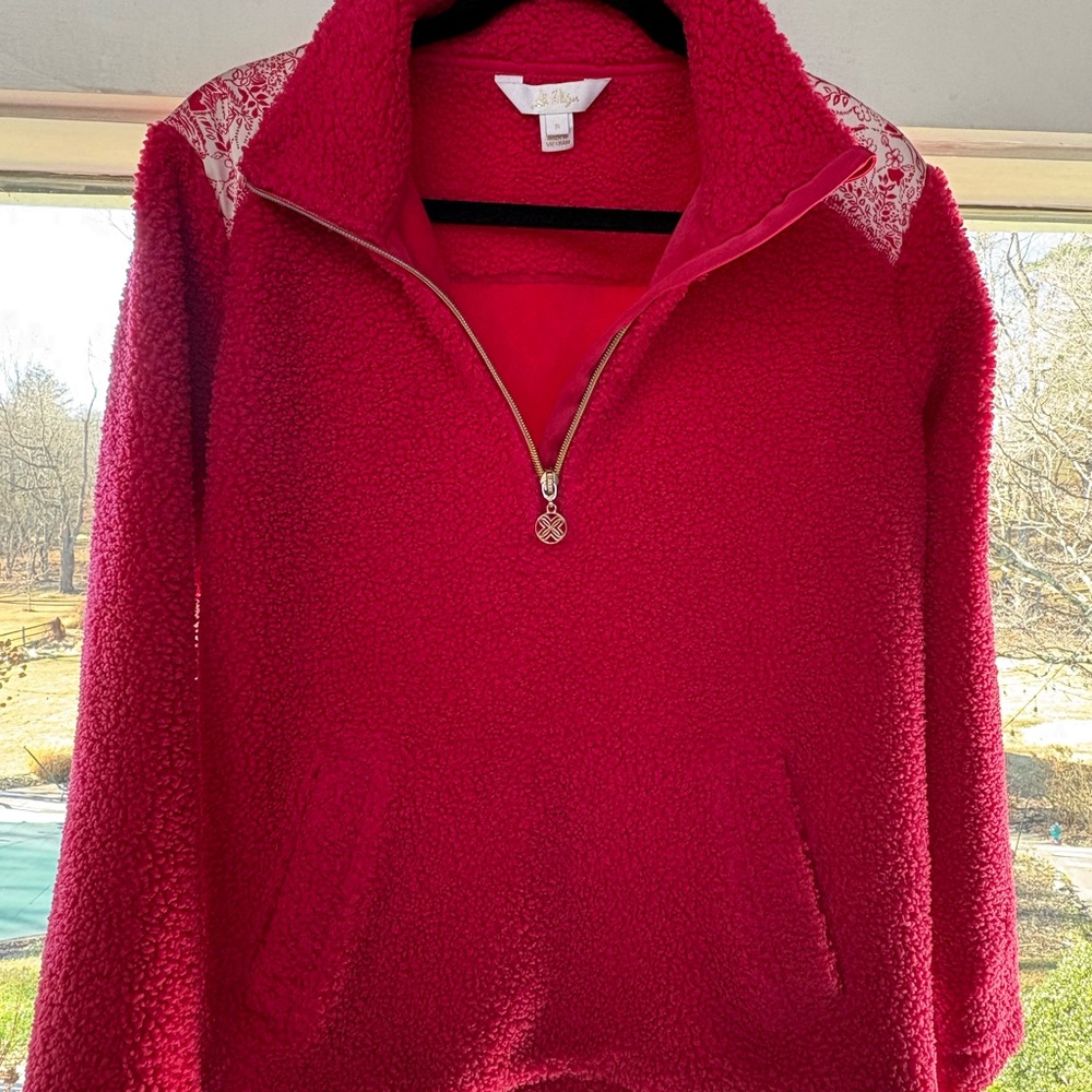 Lilly Pulitzer Deep Rose Pink Mid Zip Fleece Jacket With Vibrant Silk Shoulder